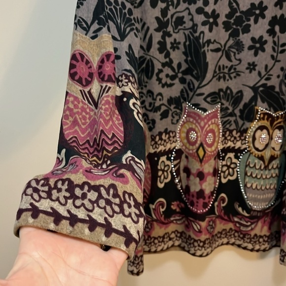 La Madona Tunic Soft Long Sleeve Owl Animal Print Scoop-neck Pullover Top size M - Picture 4 of 9